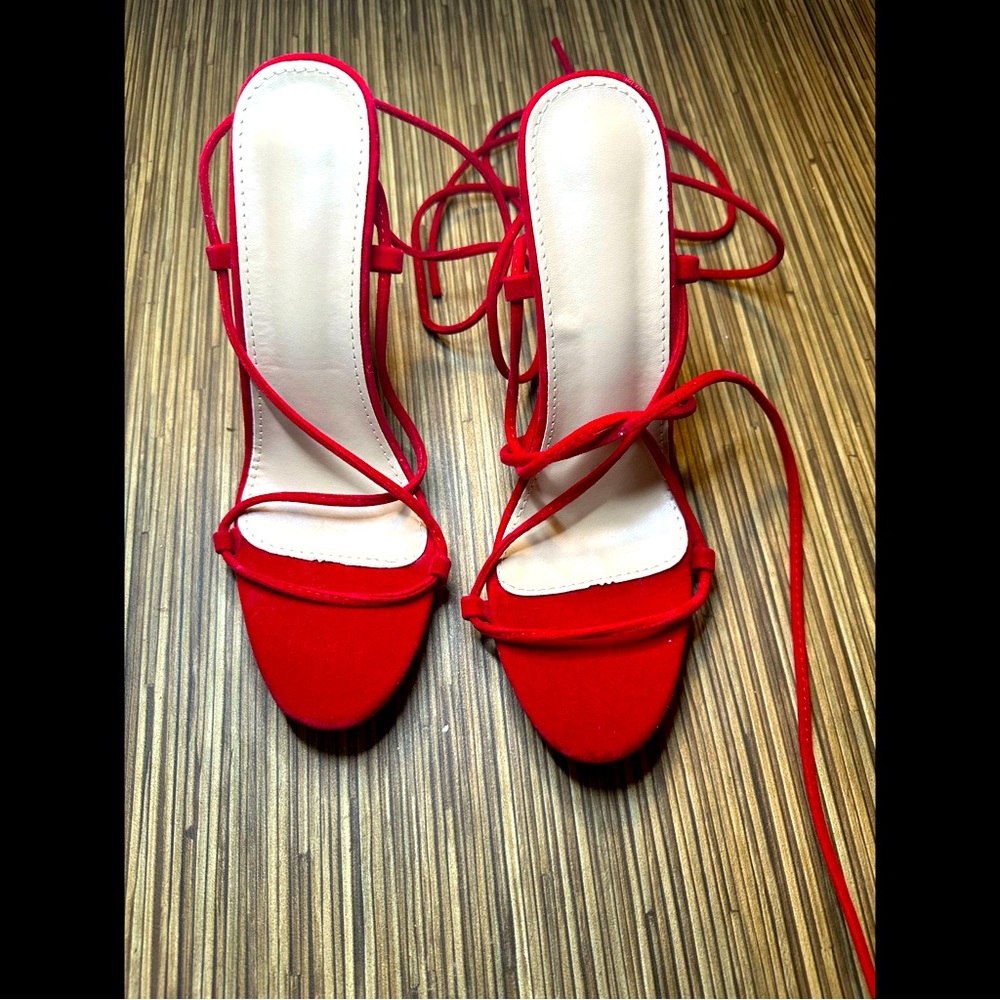 Elegant Red Stiletto Heels with Wraparound Straps